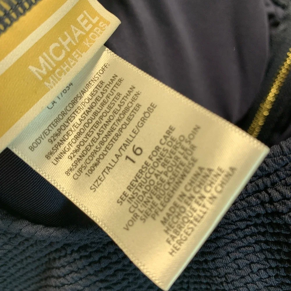 Michael Kors Womens Midnight Blue Textured Zip Front One Piece Swimsuit Size 16